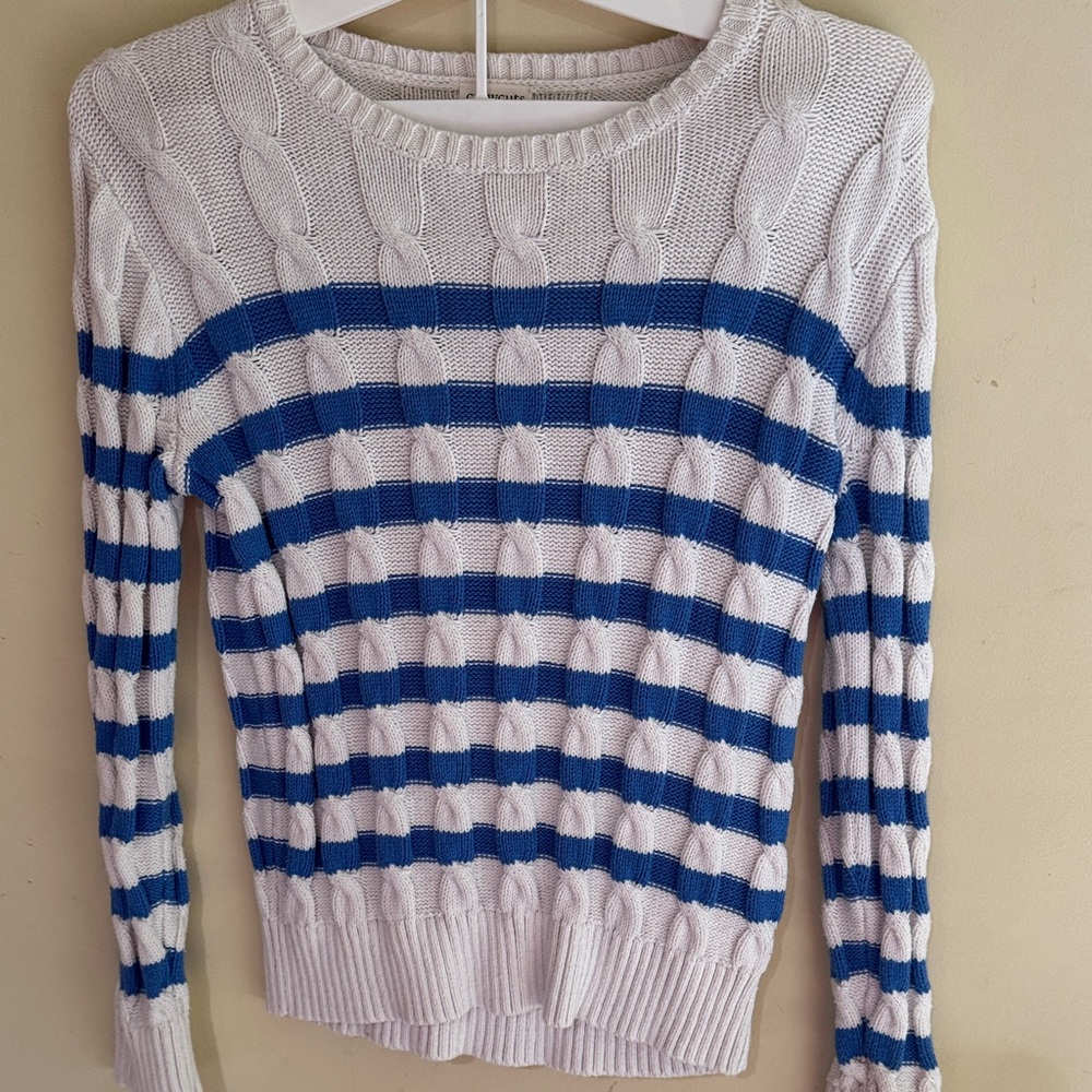 Striped Cable Knit Sweater - White and Blue
